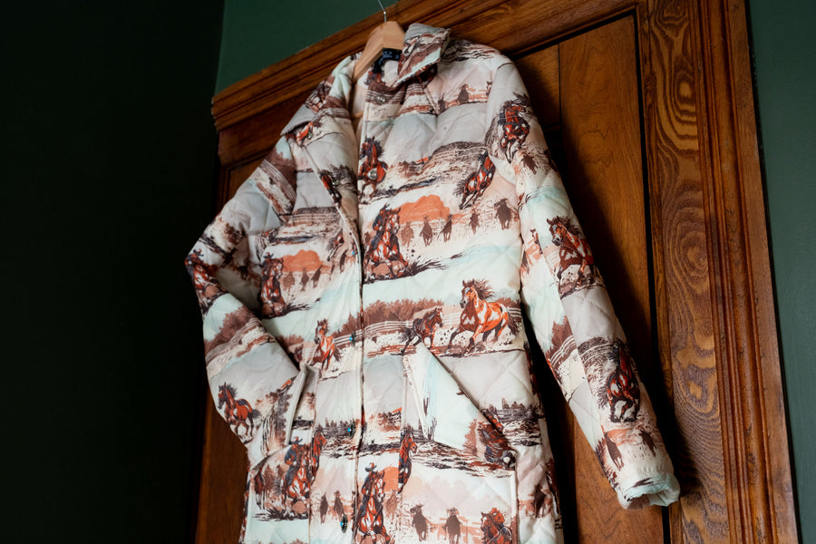 Women's Horse Printed Long Quilted Coat