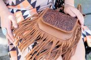 Leather Tooled Fringe Crossbody Purse