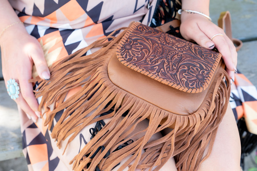 Leather Tooled Fringe Crossbody Purse