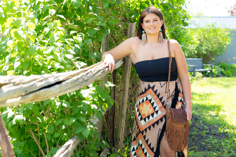 Leather Tooled Fringe Crossbody Purse