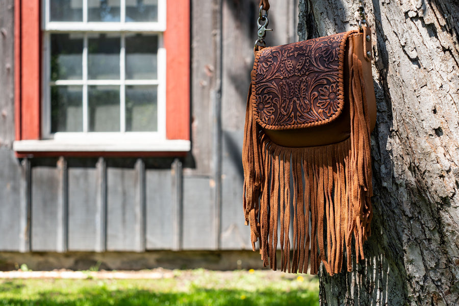Leather Tooled Fringe Crossbody Purse