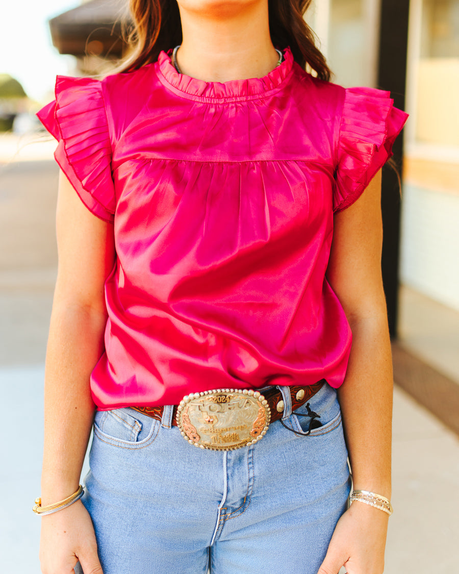 Women's Pink Satin Pleated Ruffle Sleeveless Top