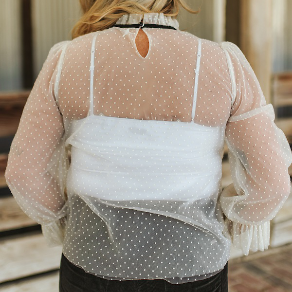 Women's Dotted Sheer Mesh Puff Sleeve Top