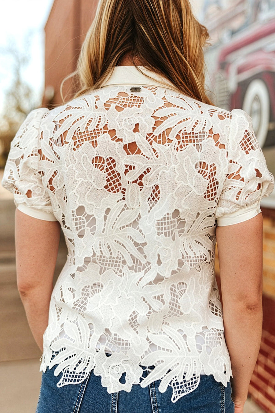 Women's Floral Crochet Button Down Puff Short Sleeve Top