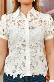 Women's Floral Crochet Button Down Puff Short Sleeve Top