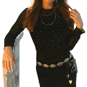 Black Long Sleeve Mesh Rhinestone Detail Top