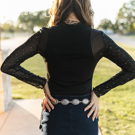 Black Long Sleeve Mesh Rhinestone Detail Top