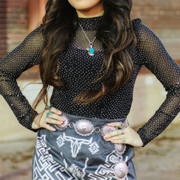Women's Rhinestone Lined Long Sleeve Mesh Bodysuit