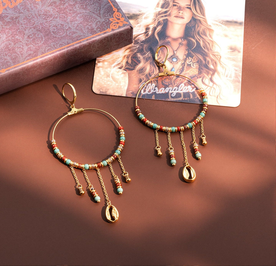 Natural Stone Dangling Charms Hoop Earrings 14K Gold