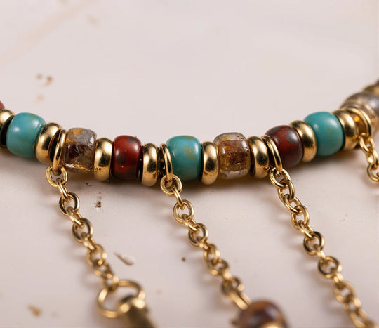 Natural Stone Dangling Charms Hoop Earrings 14K Gold