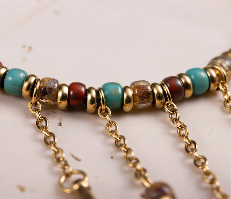 Natural Stone Dangling Charms Hoop Earrings 14K Gold