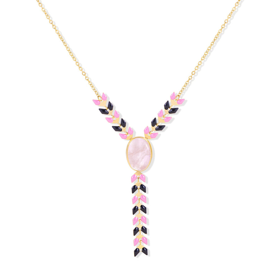 Natural Oval Stone Y-Shape Pendant Necklace 14K Gold