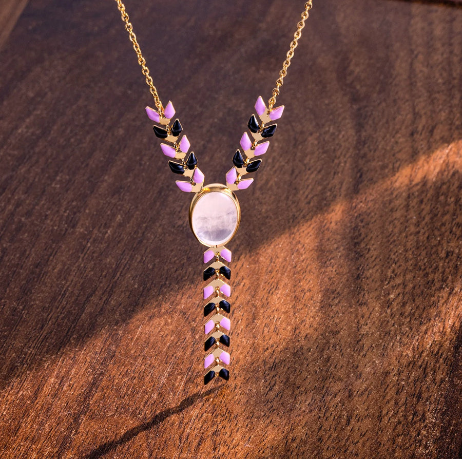 Natural Oval Stone Y-Shape Pendant Necklace 14K Gold