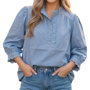 Women's Eyelet Trim Ruffle Neck Blouse