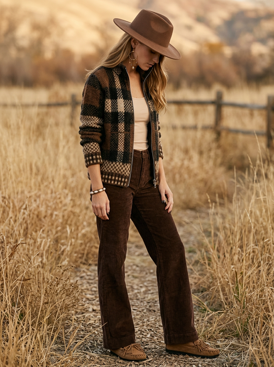 Women's High-Neck Plaid Zip-Up Cardigan Sweatshirt