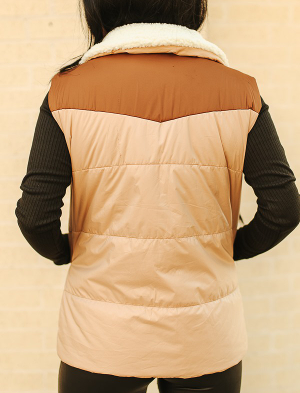Women's Cream Puffer Vest with Camel Yoke Sherpa by Lucky Blessed Women's Cream Puffer Vest with Camel Yoke Sherpa by Lucky Blessed