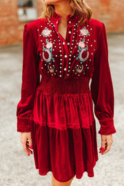 Women's Velvet Embroidered Elastic Waist Ruffle Dress