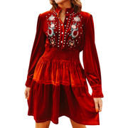 Women's Velvet Embroidered Elastic Waist Ruffle Dress