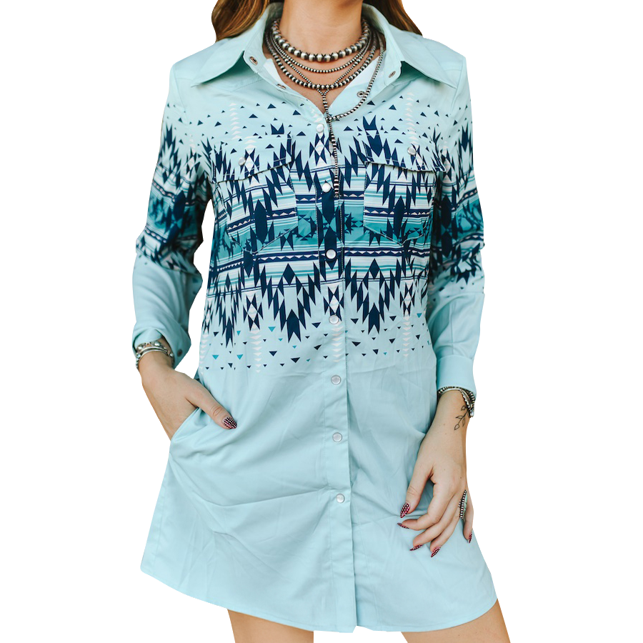 Light Blue Aztec Printed Pearl Snap Button Down Collared Tunic Dress – Leather-Moccasins