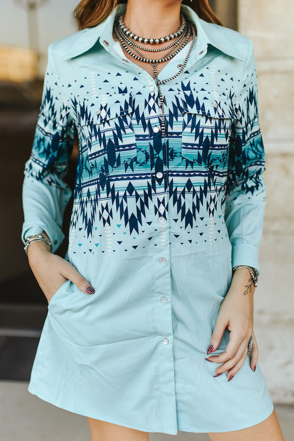 Women's Aztec Printed Pearl Snap Collared Tunic Shirt Dress