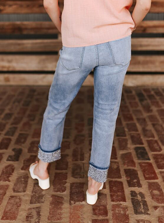 Women's Rhinestone Cuffed Mid Rise Boyfriend Jeans