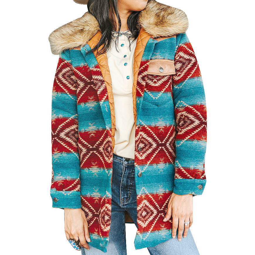 Aztec Maroon Jade Quilted Lined Fur Collar Jacket