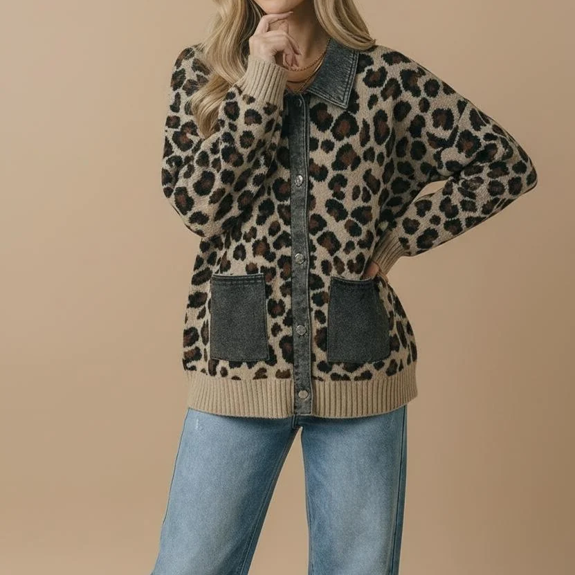 Women's Denim Collar & Cuff Knit Sweater