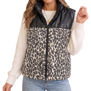 Women's Faux Leather and Leopard Print Puffer Vest