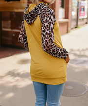 Women's Mustard Double Hood Feather Print Top