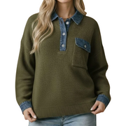 Women's Denim Collar & Cuff Knit Sweater