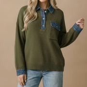 Women's Denim Collar & Cuff Knit Sweater