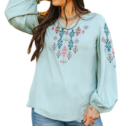 Aztec Embroidered Long Elastic Sleeve Top