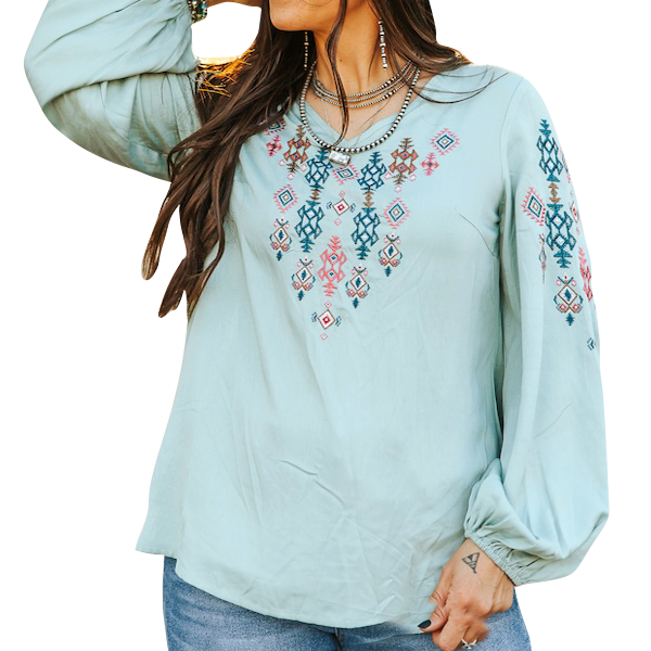 Aztec Embroidered Long Elastic Sleeve Top