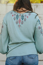 Aztec Embroidered Long Elastic Sleeve Top