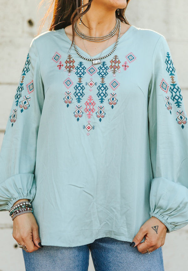 Aztec Embroidered Long Elastic Sleeve Top