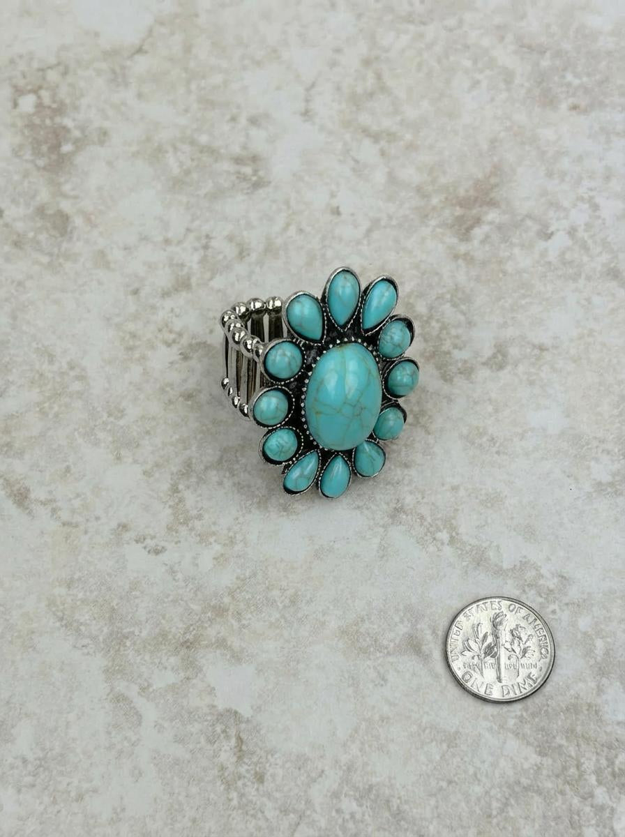 Silver Stretch Concho Turquoise Ring