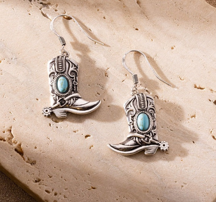 Silver Boots Turquoise Pendant Necklace & Earrings Set