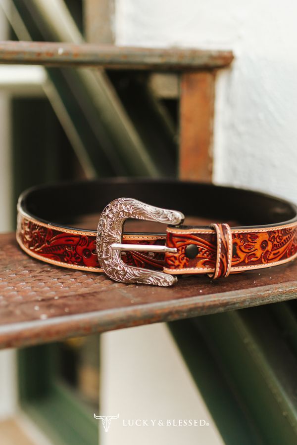 Tolled Leather Buckstitch Detail Western Belt