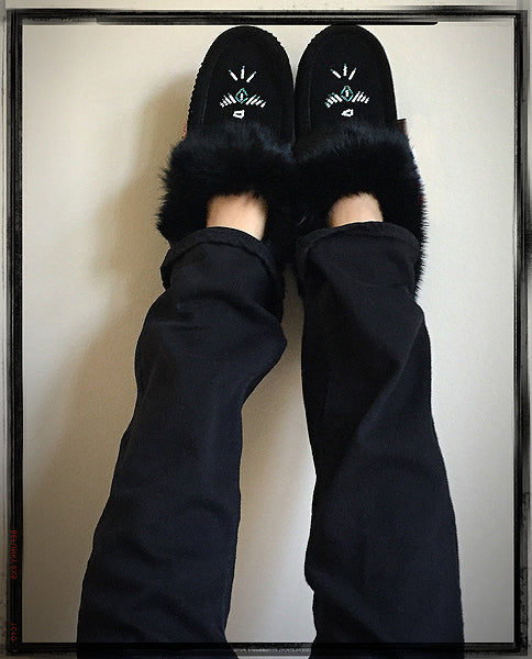 Women's Fleece Lined Rabbit Fur Black Suede Moccasins