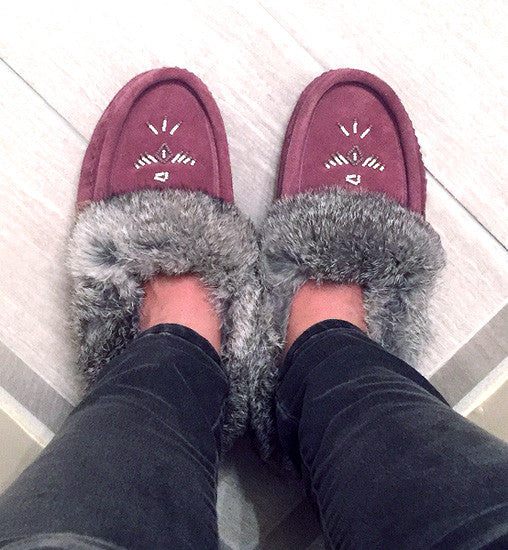 Women's Fleece Lined Rabbit Fur Plum Suede Moccasins