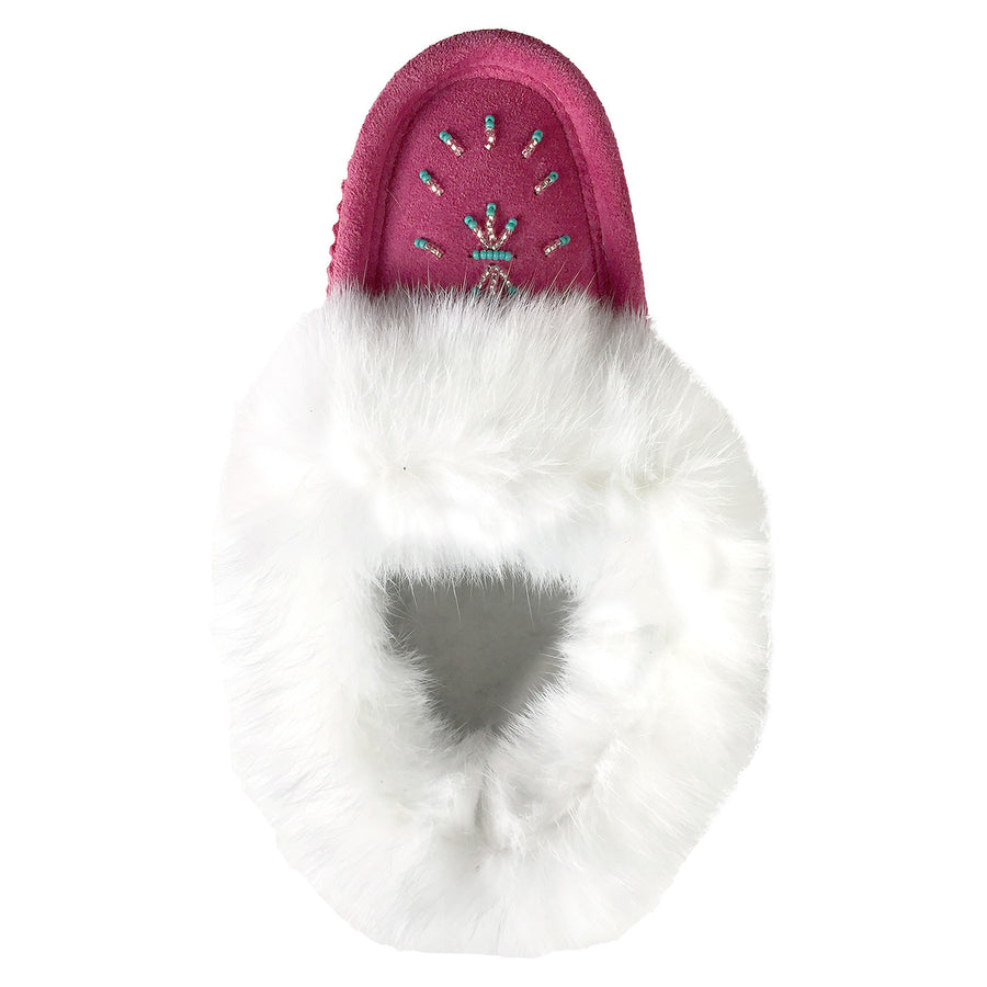 Women's Fleece Lined Rabbit Fur Fuchsia Suede Moccasins