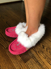 Women's Fleece Lined Rabbit Fur Fuchsia Suede Moccasins