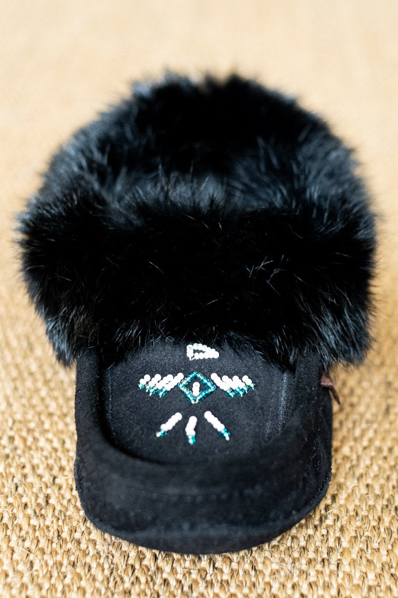 Women's Fleece Lined Rabbit Fur Black Suede Moccasins