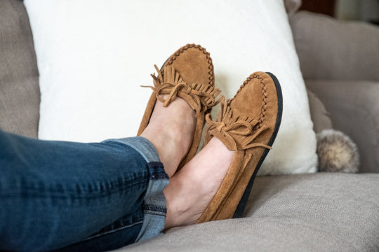 Women's Fringed Rubber Sole Gray Suede Moccasins