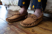 Men's Soft Sole Dark Tan Suede Leather Trim Moccasins