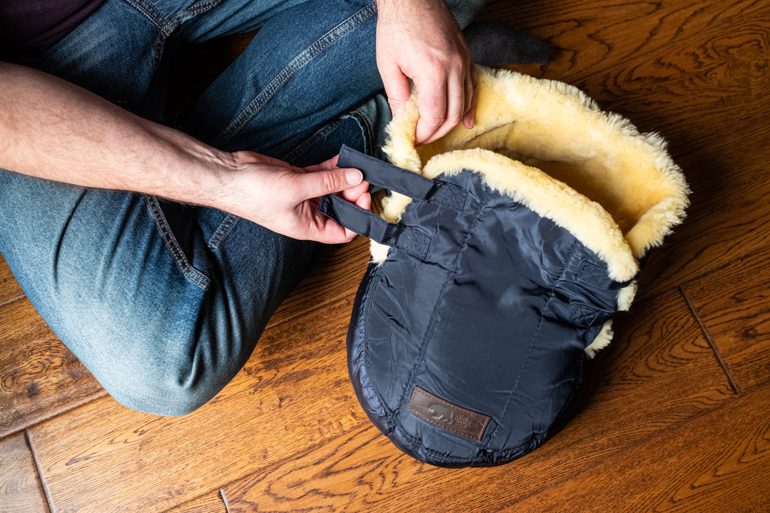 Luxury Sheepskin UK Made Double Footmuff Foot Warmer Under Desk at