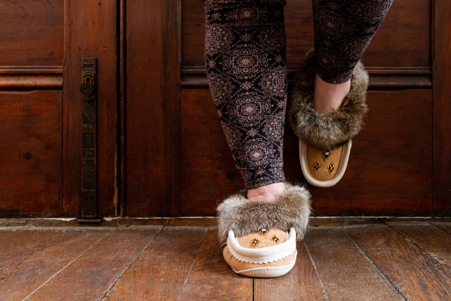 Women's Genuine Sheepskin Slippers with Real Fuzzy Rabbit Fur Trim