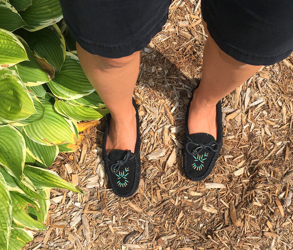 Women's Rubber Sole Black Beaded Moccasins