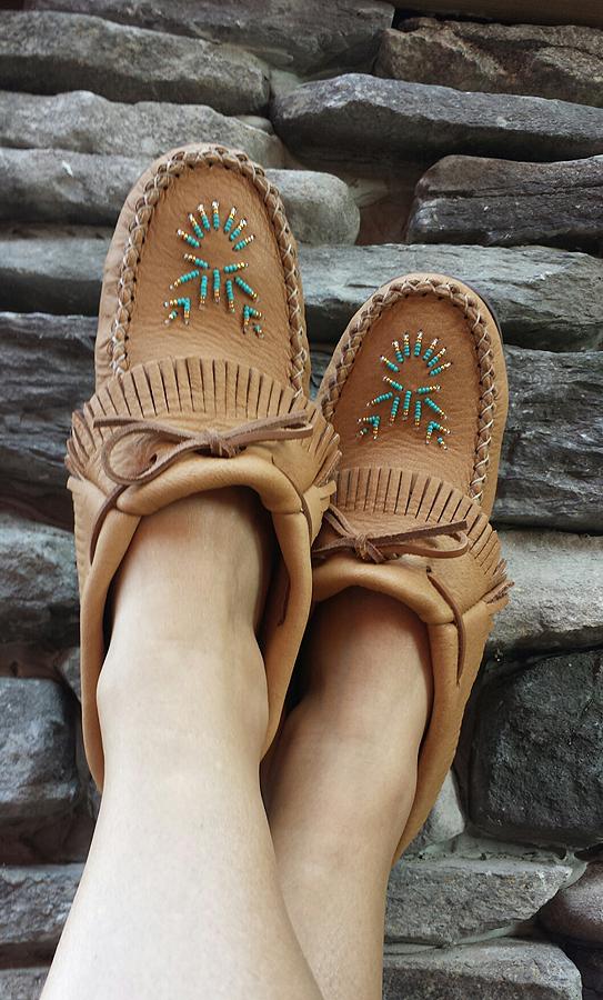 Women's Rubber Sole Moose Hide Leather Fringed Moccasins