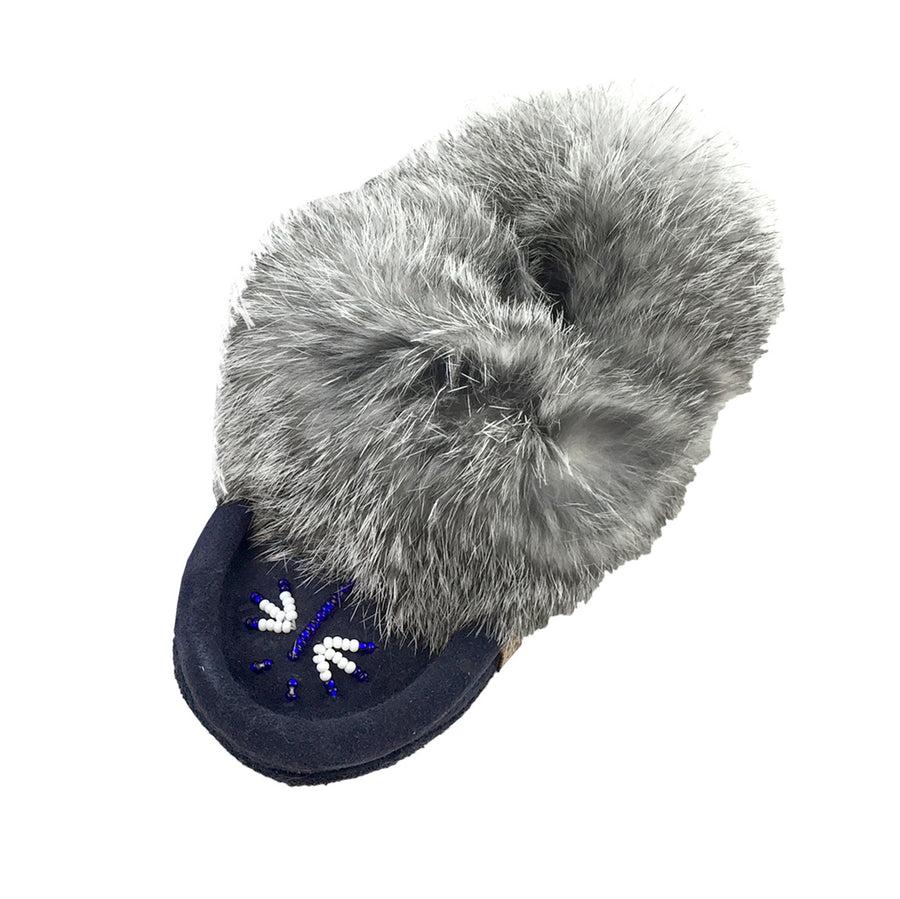 Junior Soft Sole Navy Suede Rabbit Fur Moccasins (Final Clearance - Child Size 12 ONLY)